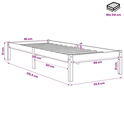 Letto Extra Lungo senza Materasso 90x210 cm in Legno di Pino