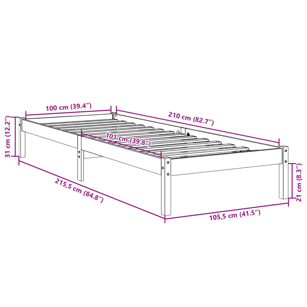 Letto Extra Lungo senza Materasso 100x210 cm in Legno di Pino | homemem39