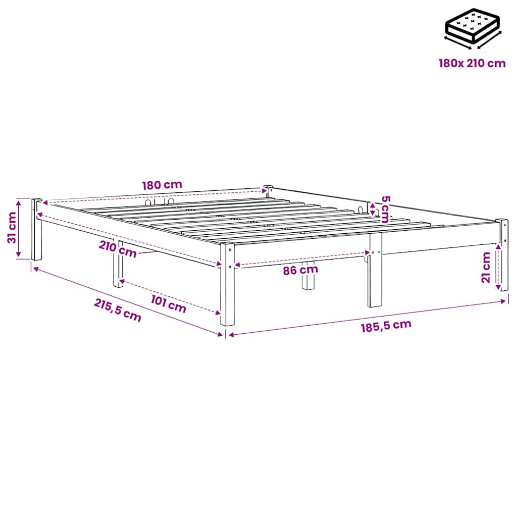 Letto Extra Lungo senza Materasso 180x210 cm in Legno di Pino