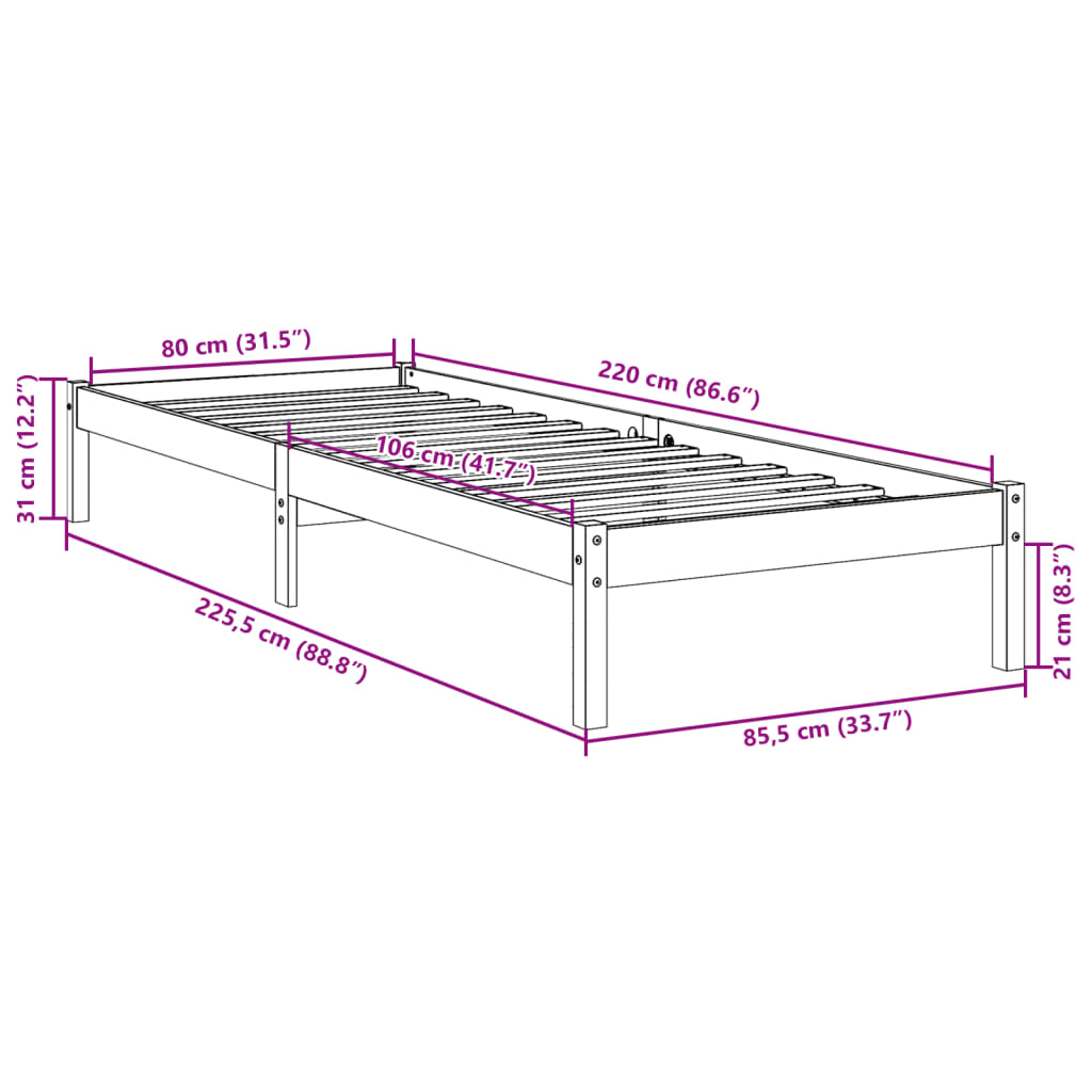 Letto Extra Lungo senza Materasso 80x220 cm in Legno di Pino | homemem39