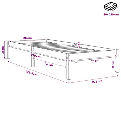 Letto Extra Lungo senza Materasso Bianco 80x220 cm in Pino