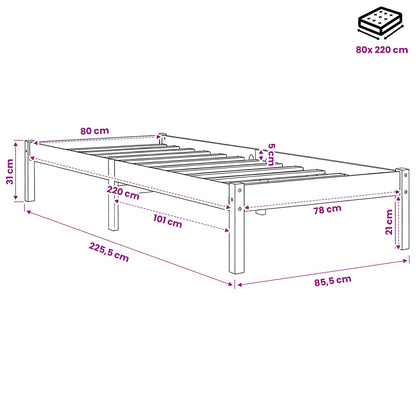 Letto Extra Lungo senza Materasso Bianco 80x220 cm in Pino