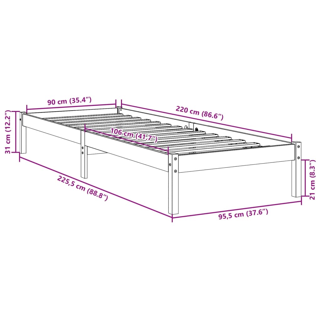Letto Extra Lungo senza Materasso 90x220 cm in Legno di Pino | homemem39