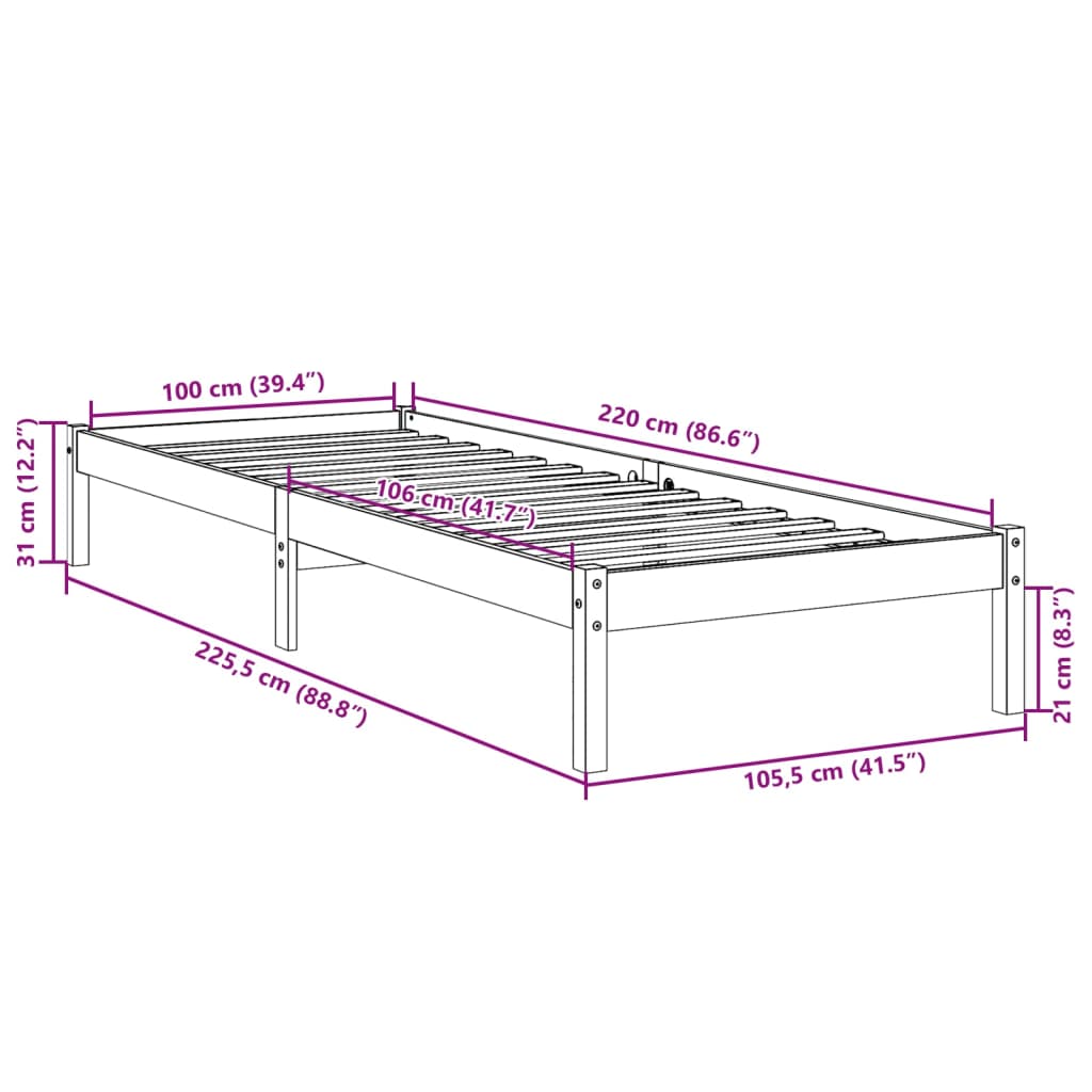 Letto Extra Lungo senza Materasso 100x220 cm in Legno di Pino | homemem39