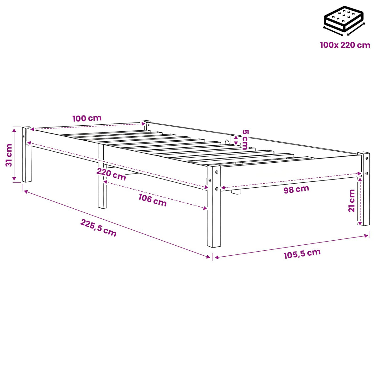 Letto Extra Lungo senza Materasso 100x220 cm in Legno di Pino