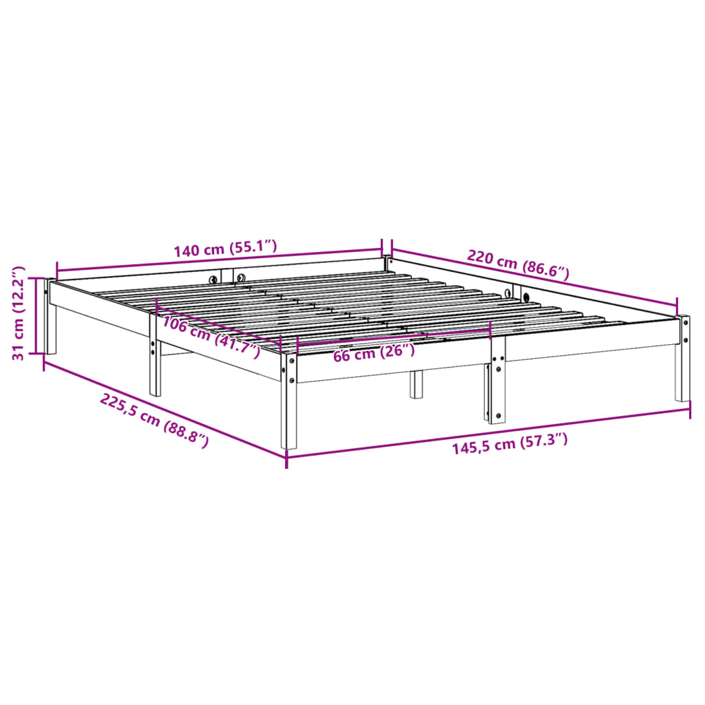 Letto Extra Lungo senza Materasso 140x220 cm in Legno di Pino | homemem39