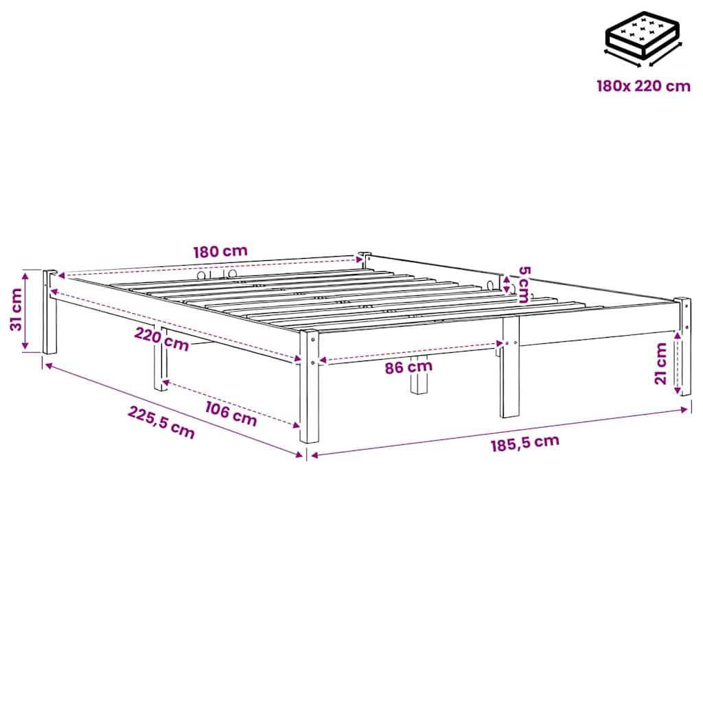 Letto Extra Lungo senza Materasso 180x220 cm in Legno di Pino