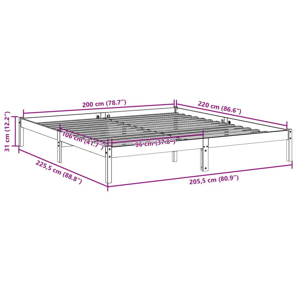 Letto Extra Lungo senza Materasso 200x220 cm in Legno di Pino | homemem39