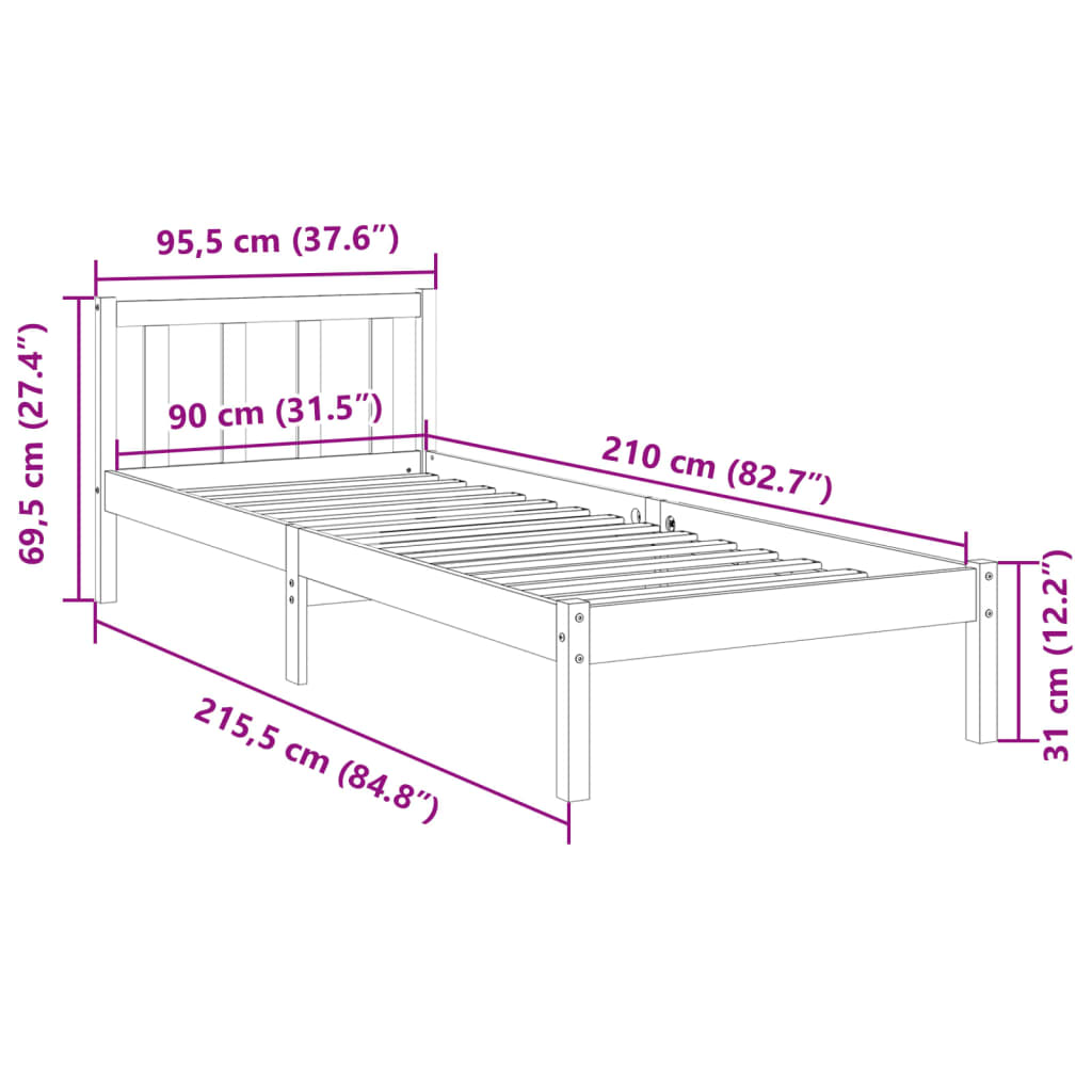 Letto Extra Lungo senza Materasso Bianco 90x210 cm in Pino - homemem39