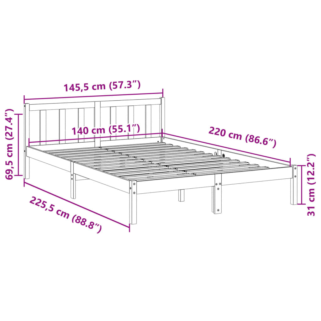 Letto Extra Lungo senza Materasso Bianco 140x220 cm in Pino