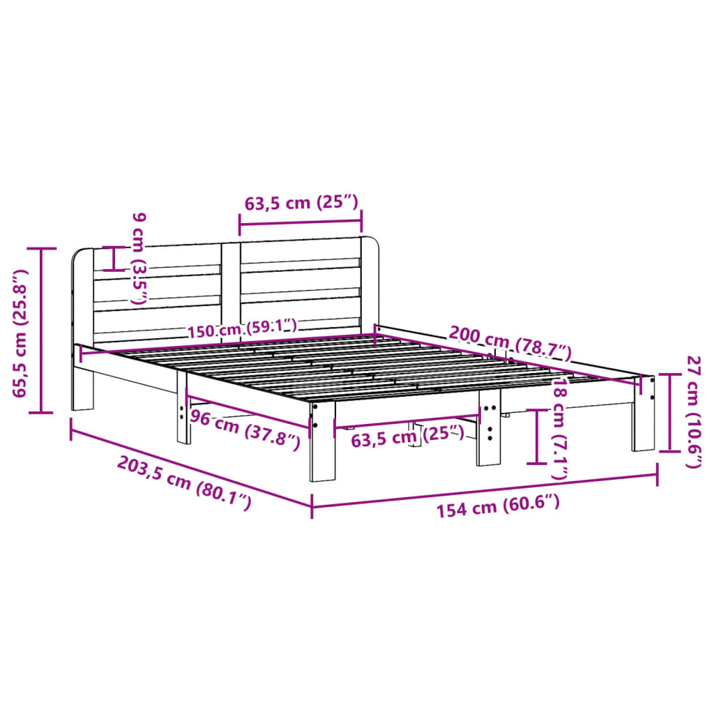 Letto senza Materasso 150x200 cm in Legno Massello di Pino | homemem39