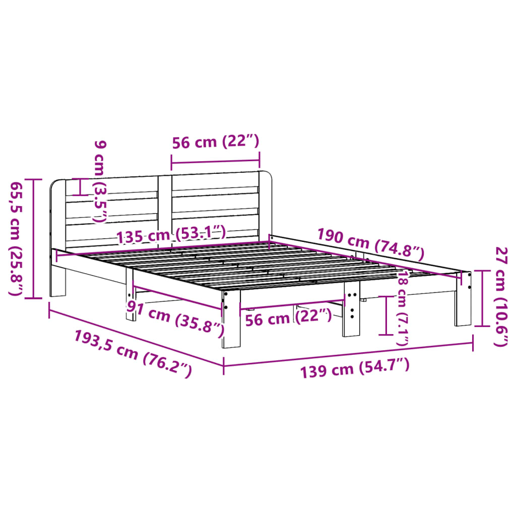 Letto senza Materasso Marrone Cera 135x190 cm in Legno di Pino | homemem39