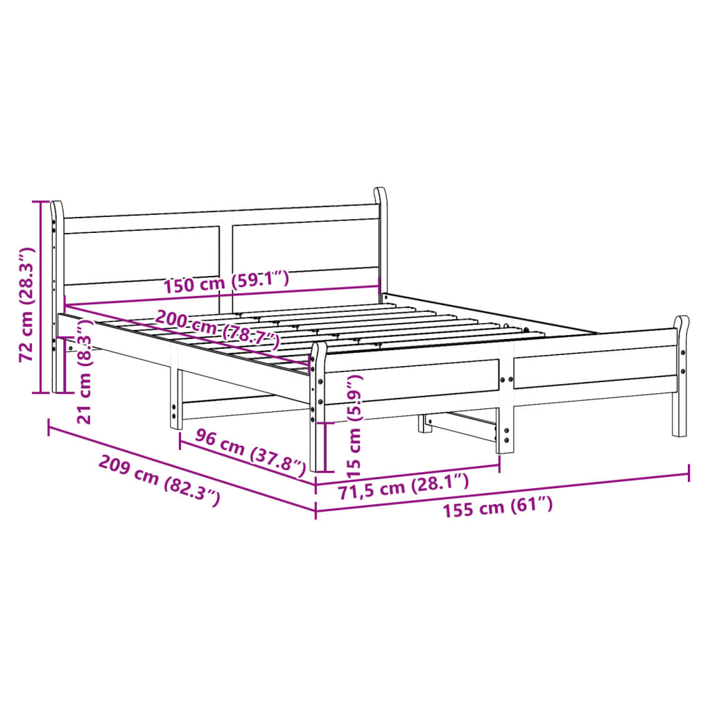 Letto senza Materasso 150x200 cm in Legno Massello di Pino | homemem39