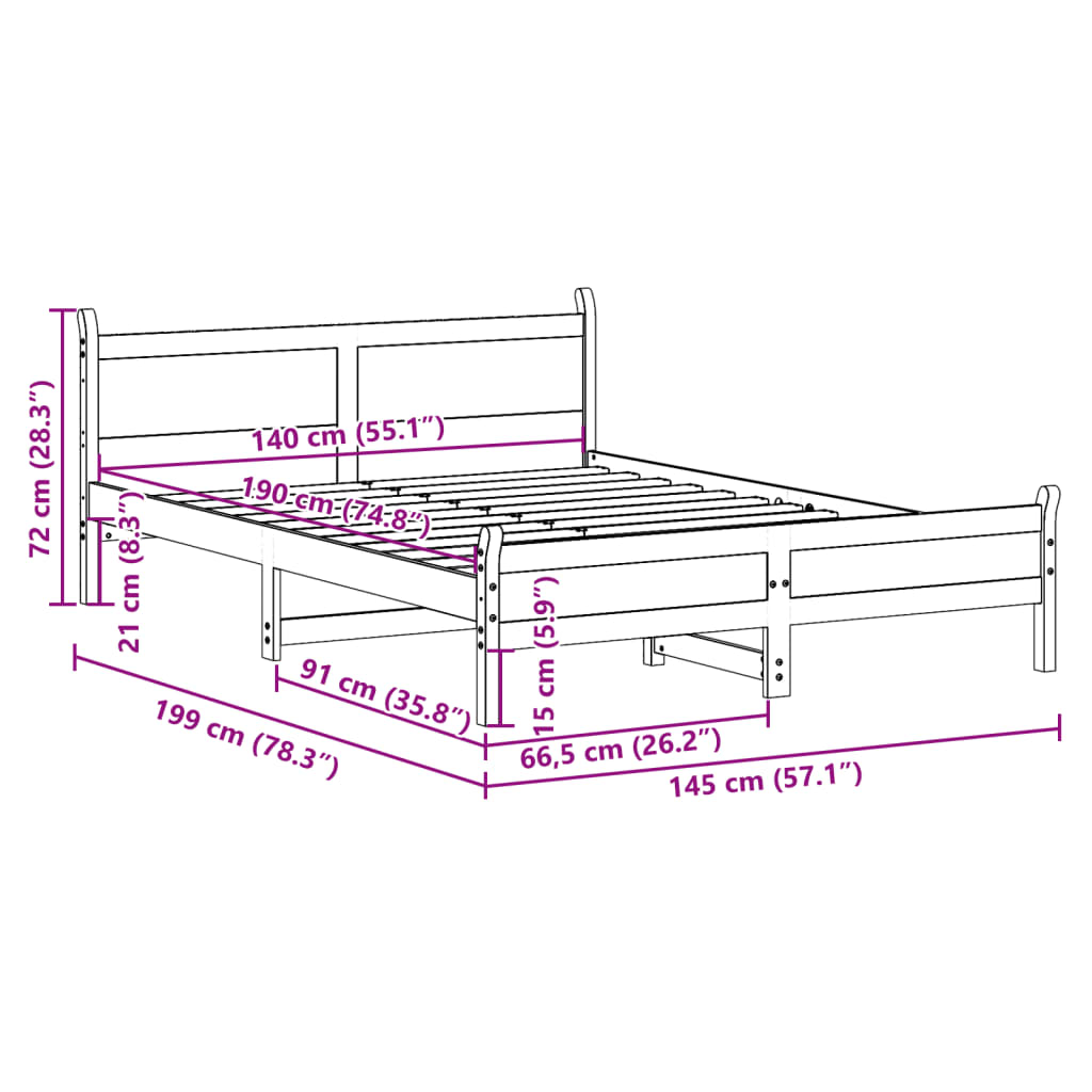 Letto senza Materasso Bianco 140x190 cm Legno Massello di Pino | homemem39