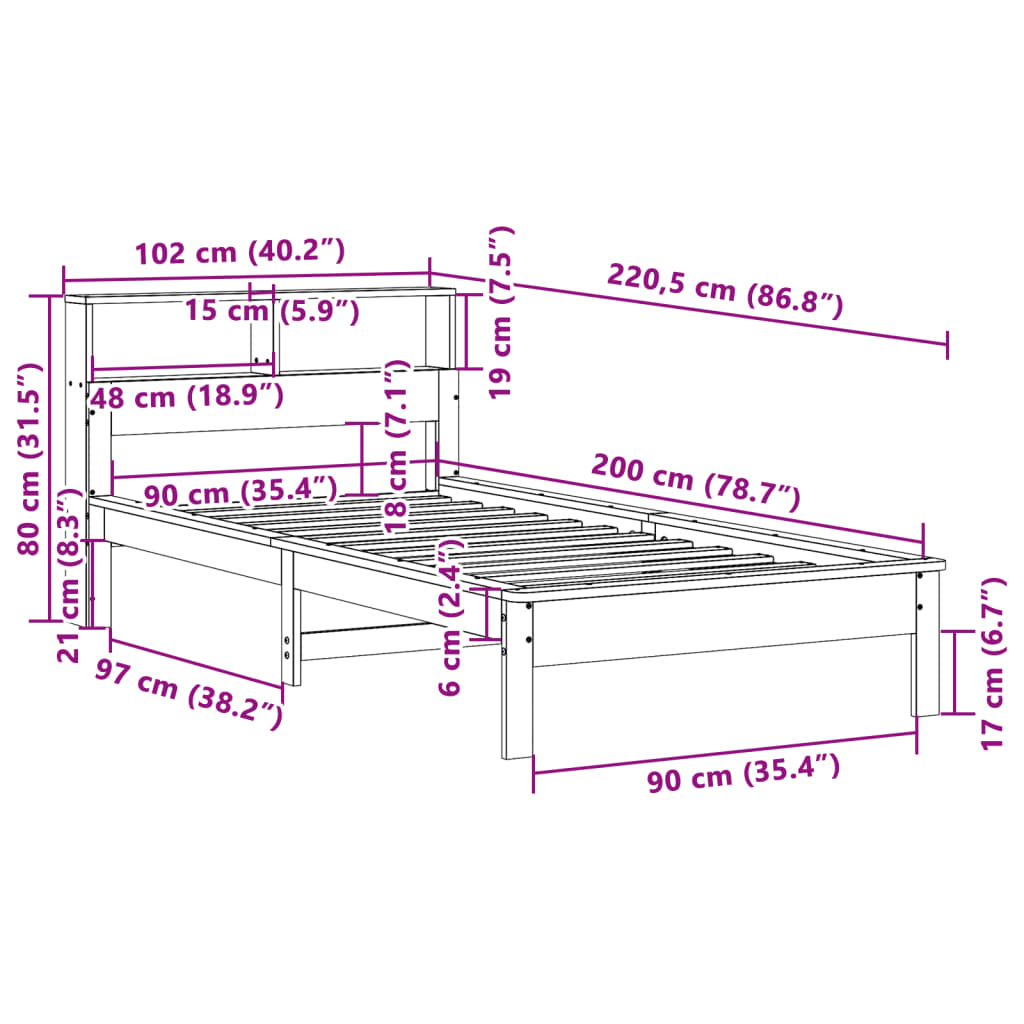 Letto Libreria senza Materasso Bianca 90x200 cm Legno di Pino | homemem39