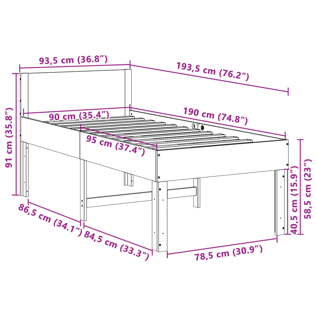 Letto senza Materasso Bianco 90x190 cm in Legno Massello Pino | homemem39