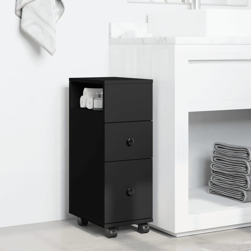 Mobile da Bagno Stretto con Ruote Nero in Truciolato | homemem39