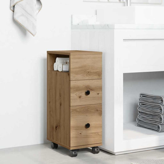 Mobile da Bagno Stretto con Ruote Rovere Artigianale Truciolato | homemem39
