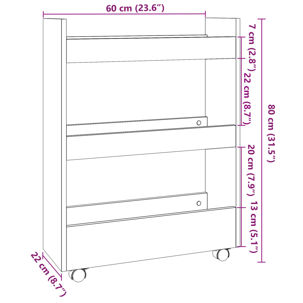 Carrello Stretto a 3 Livelli Rovere Fumo in Truciolato