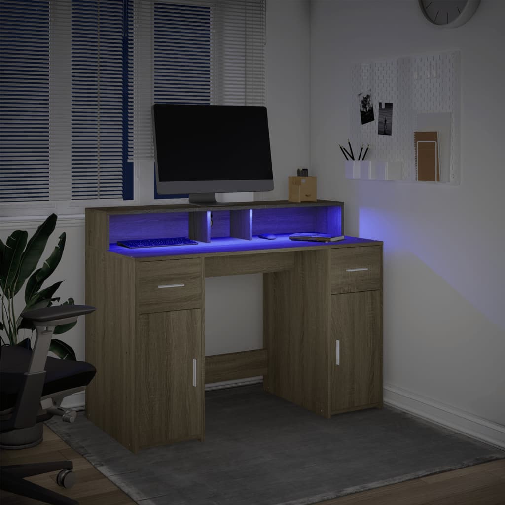 Scrivania con Luci LED Rovere Sonoma 120x55x91cm in Multistrato - homemem39