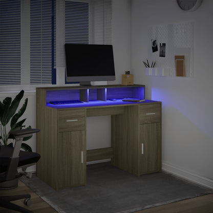 Scrivania con Luci LED Rovere Sonoma 120x55x91cm in Multistrato - homemem39