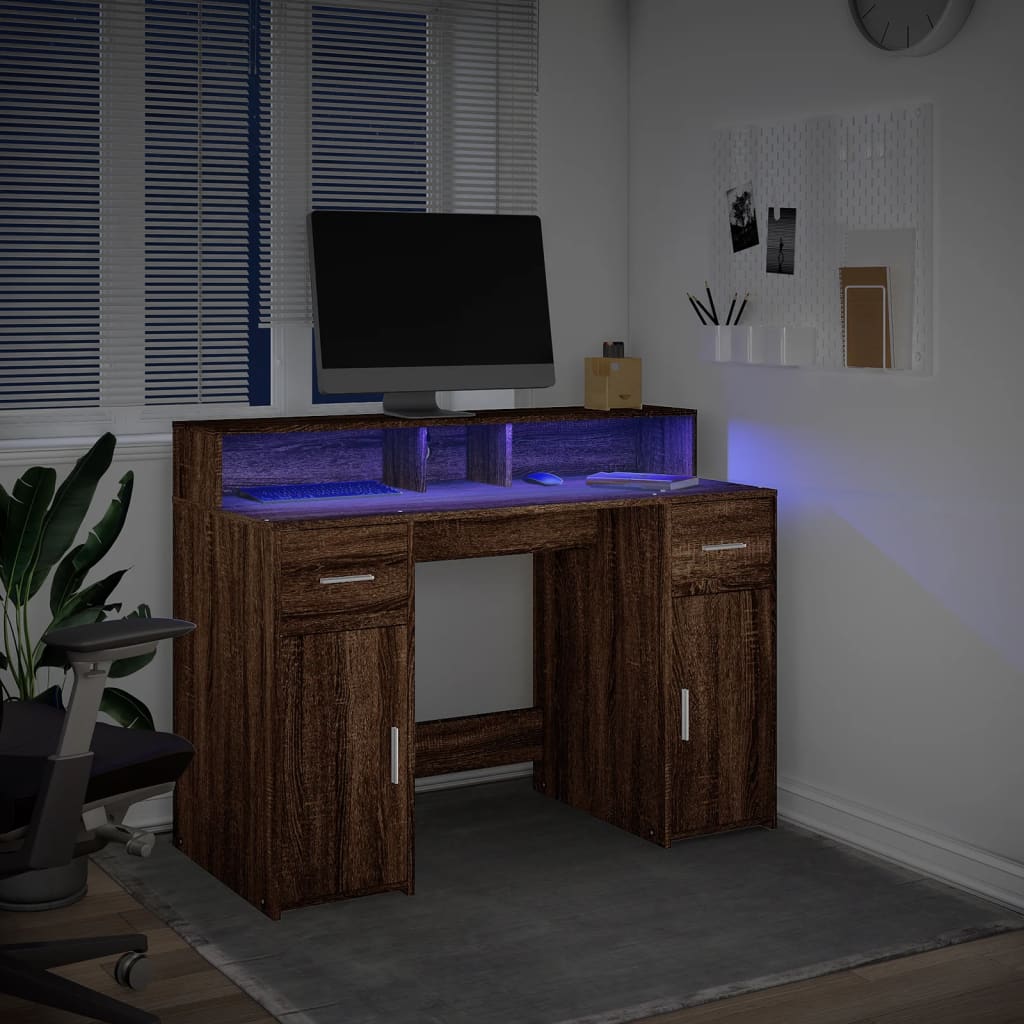 Scrivania con Luci LED Marrone Rovere 120x55x91 cm Multistrato - homemem39