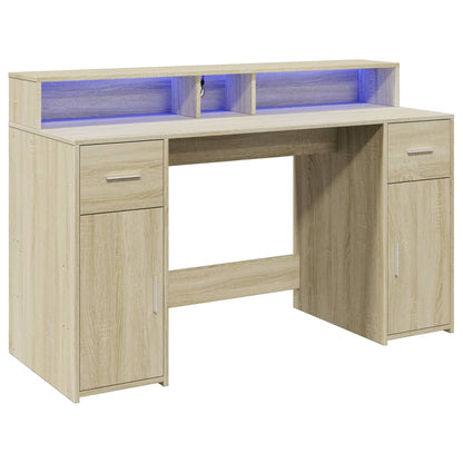 Scrivania con Luci LED Rovere Sonoma 140x55x91cm in Multistrato