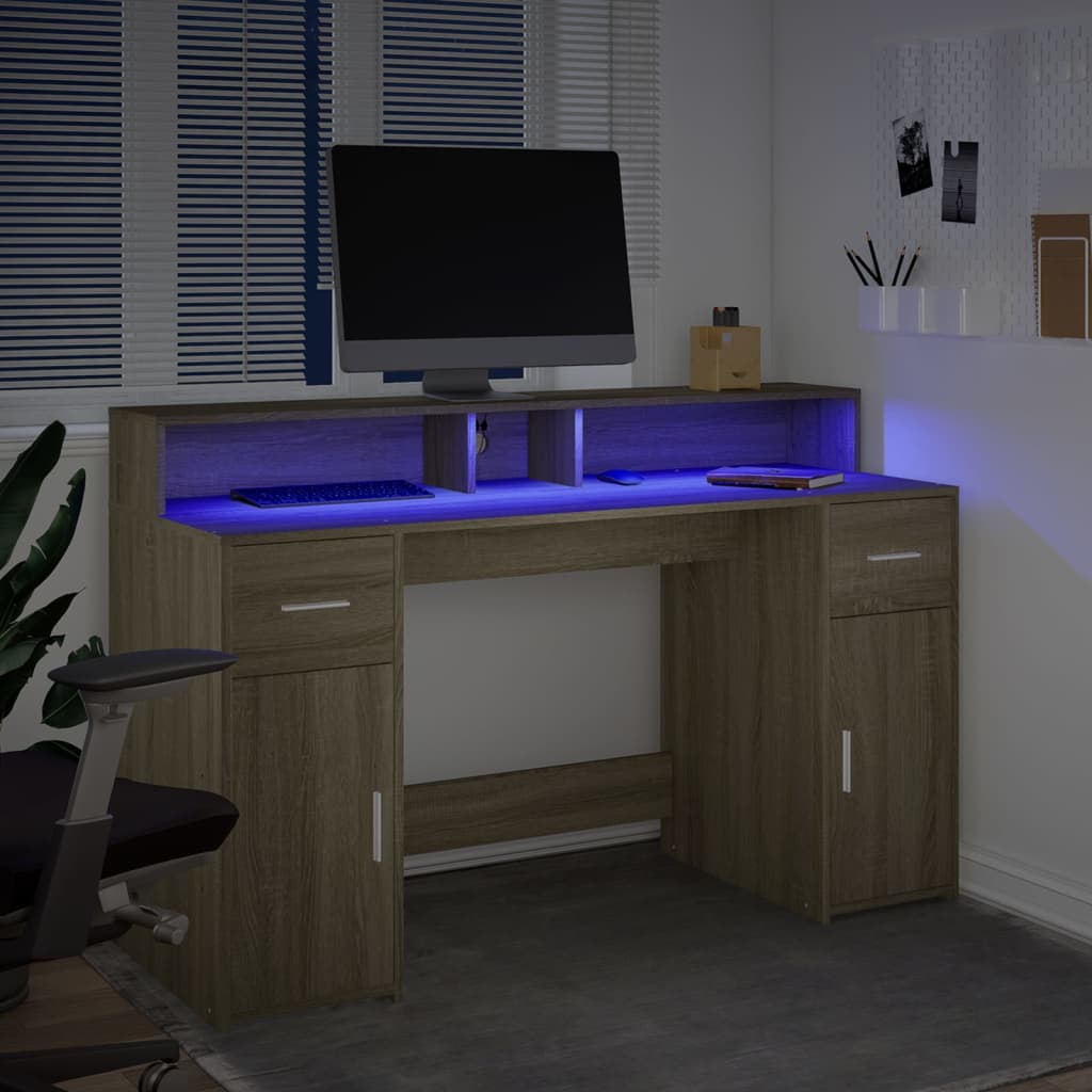 Scrivania con Luci LED Rovere Sonoma 140x55x91cm in Multistrato - homemem39