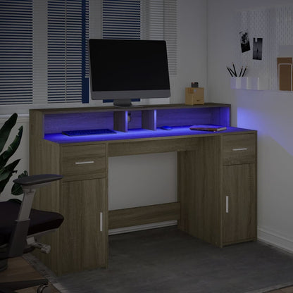 Scrivania con Luci LED Rovere Sonoma 140x55x91cm in Multistrato - homemem39