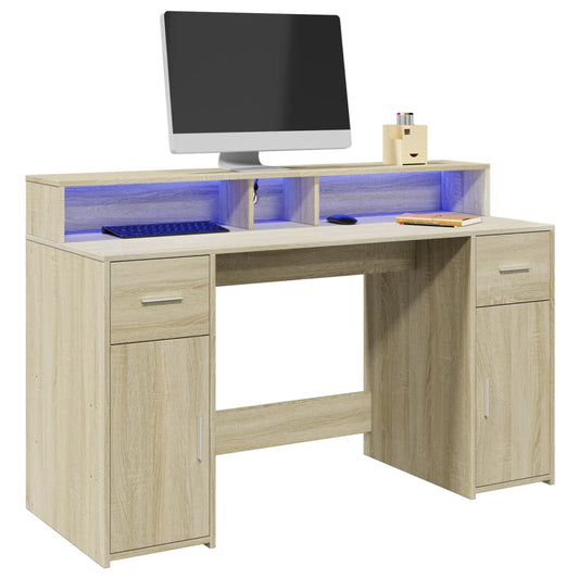 Scrivania con Luci LED Rovere Sonoma 140x55x91cm in Multistrato - homemem39