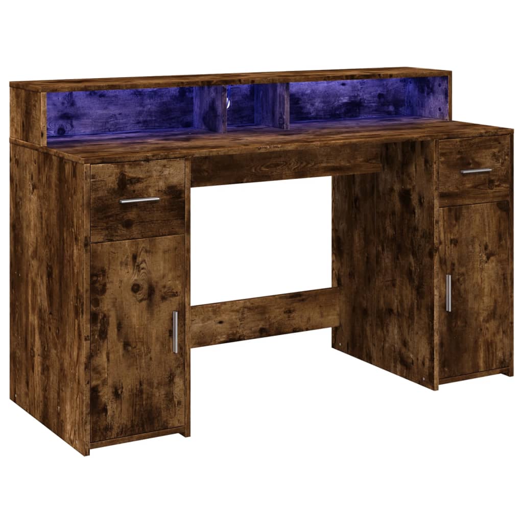 Scrivania con Luci LED Rovere Fumo 140x55x91 cm in Multistrato | homemem39