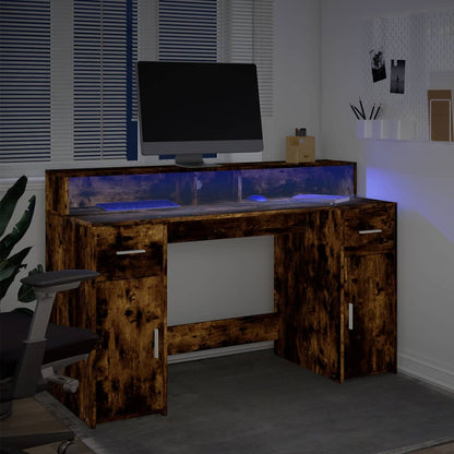 Scrivania con Luci LED Rovere Fumo 140x55x91 cm in Multistrato