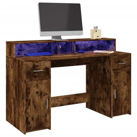 Scrivania con Luci LED Rovere Fumo 140x55x91 cm in Multistrato - homemem39