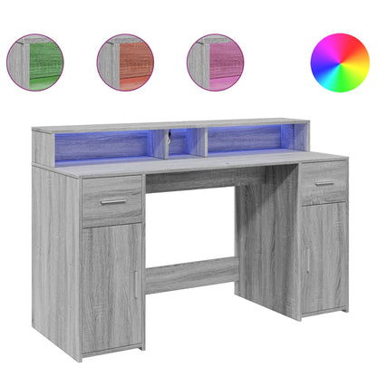 Scrivania con Luci LED Grigio Sonoma 140x55x91cm in Multistrato