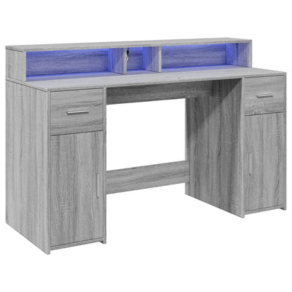 Scrivania con Luci LED Grigio Sonoma 140x55x91cm in Multistrato