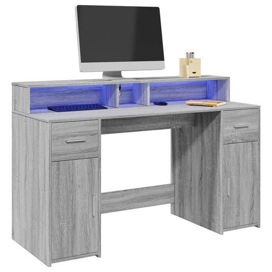 Scrivania con Luci LED Grigio Sonoma 140x55x91cm in Multistrato - homemem39