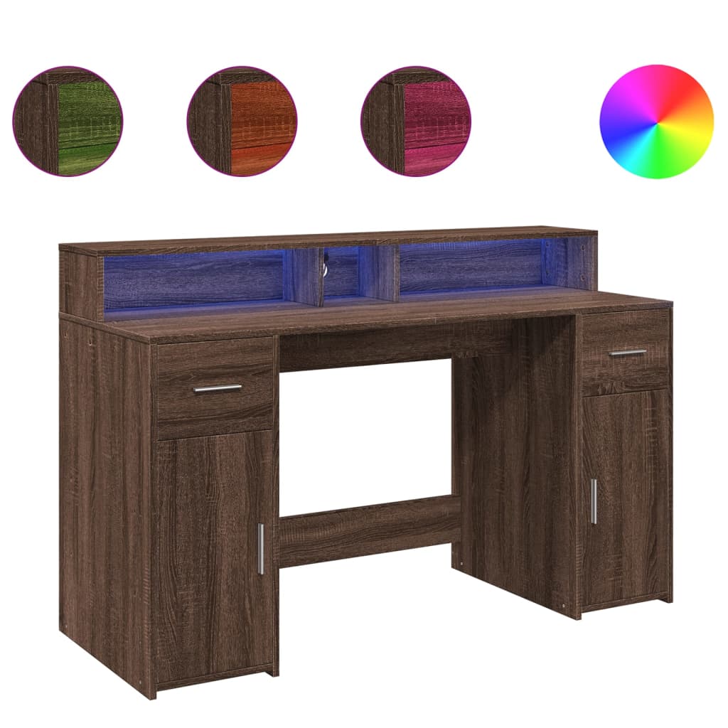 Scrivania con Luci LED Marrone Rovere 140x55x91 cm Multistrato - homemem39