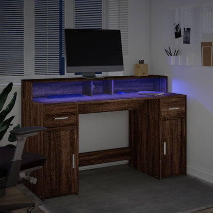 Scrivania con Luci LED Marrone Rovere 140x55x91 cm Multistrato - homemem39