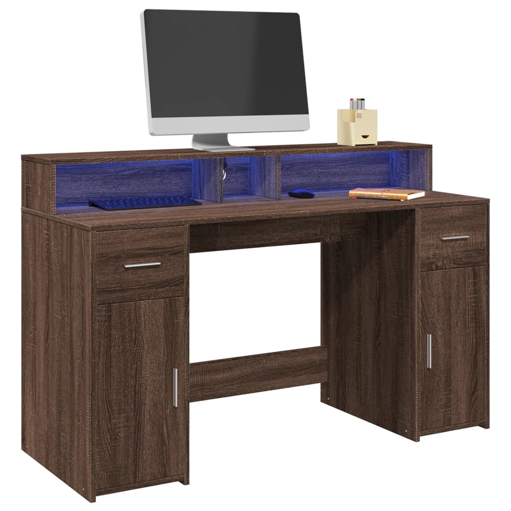 Scrivania con Luci LED Marrone Rovere 140x55x91 cm Multistrato | homemem39
