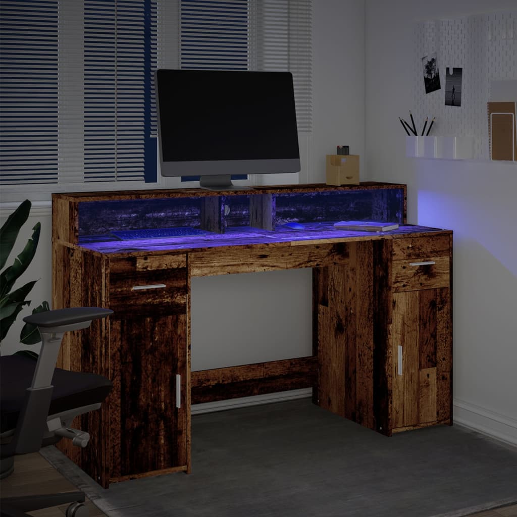 Scrivania con Luci LED Legno Antico 140x55x91 cm in Multistrato | homemem39
