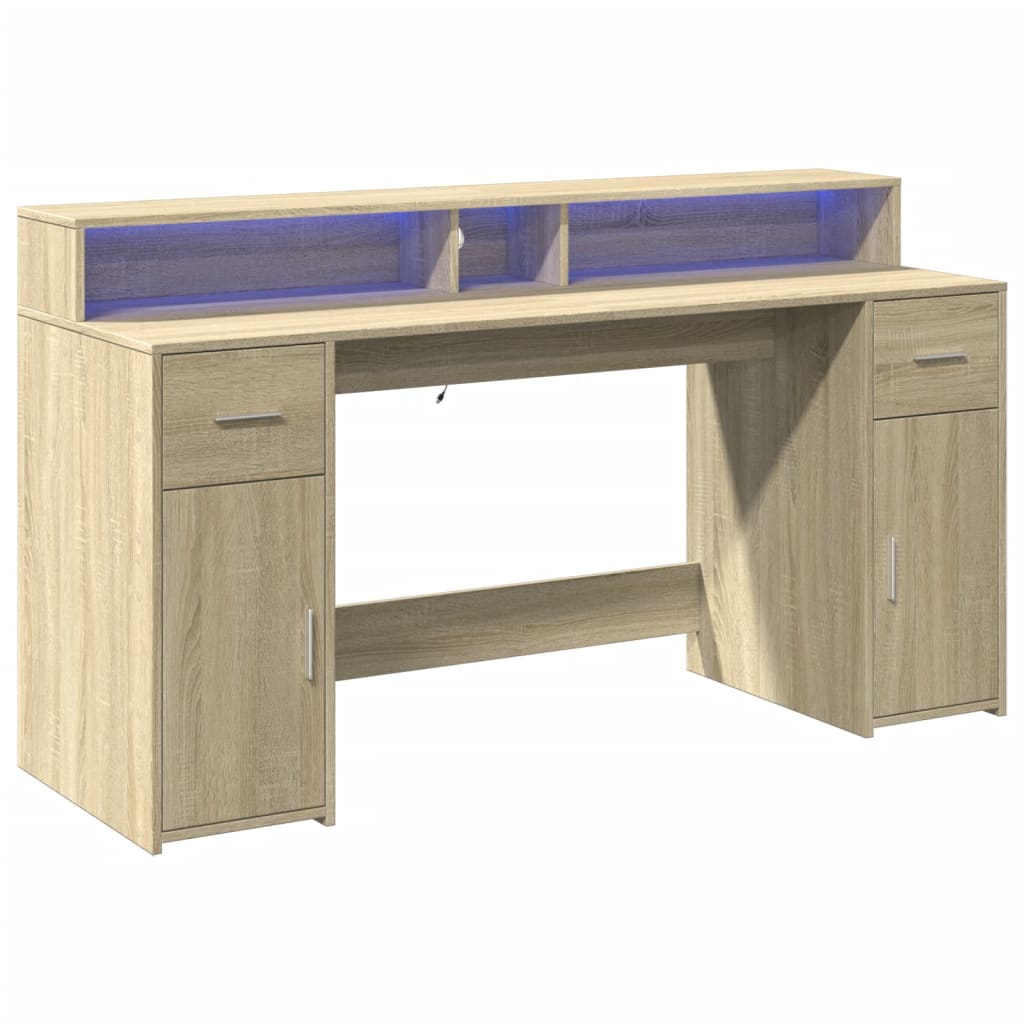 Scrivania con Luci LED Rovere Sonoma 160x55x91cm in Multistrato - homemem39