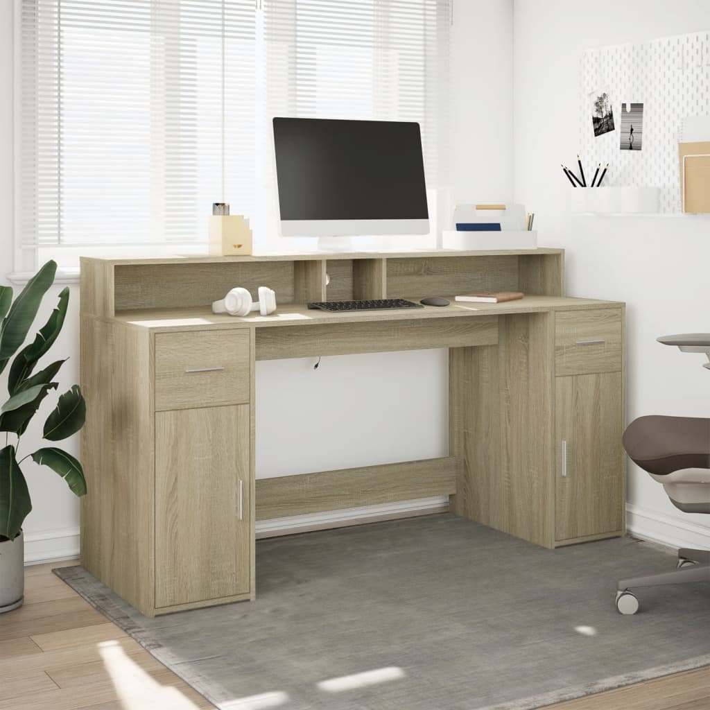 Scrivania con Luci LED Rovere Sonoma 160x55x91cm in Multistrato