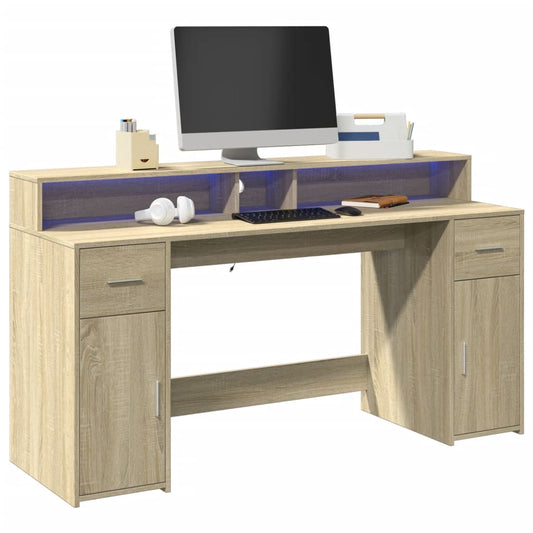 Scrivania con Luci LED Rovere Sonoma 160x55x91cm in Multistrato - homemem39