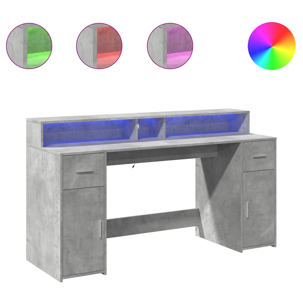 Scrivania con Luci LED Grigio Cemento 160x55x91 cm Multistrato