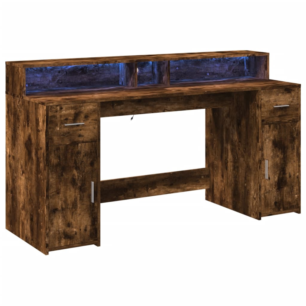 Scrivania con Luci LED Rovere Fumo 160x55x91 cm in Multistrato - homemem39