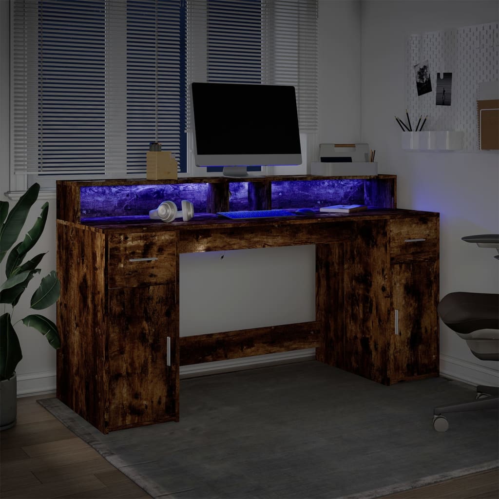 Scrivania con Luci LED Rovere Fumo 160x55x91 cm in Multistrato - homemem39