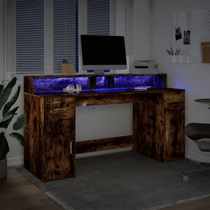 Scrivania con Luci LED Rovere Fumo 160x55x91 cm in Multistrato - homemem39