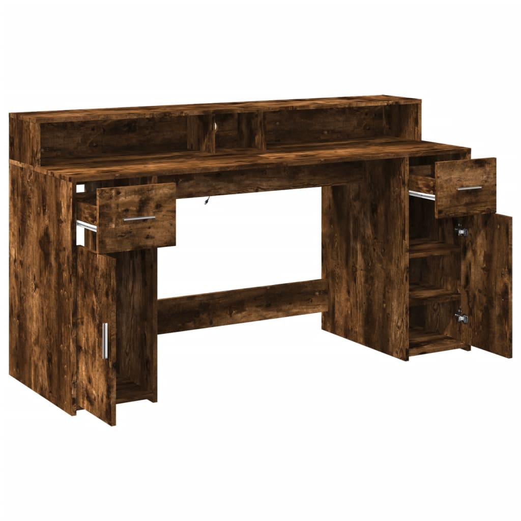 Scrivania con Luci LED Rovere Fumo 160x55x91 cm in Multistrato - homemem39