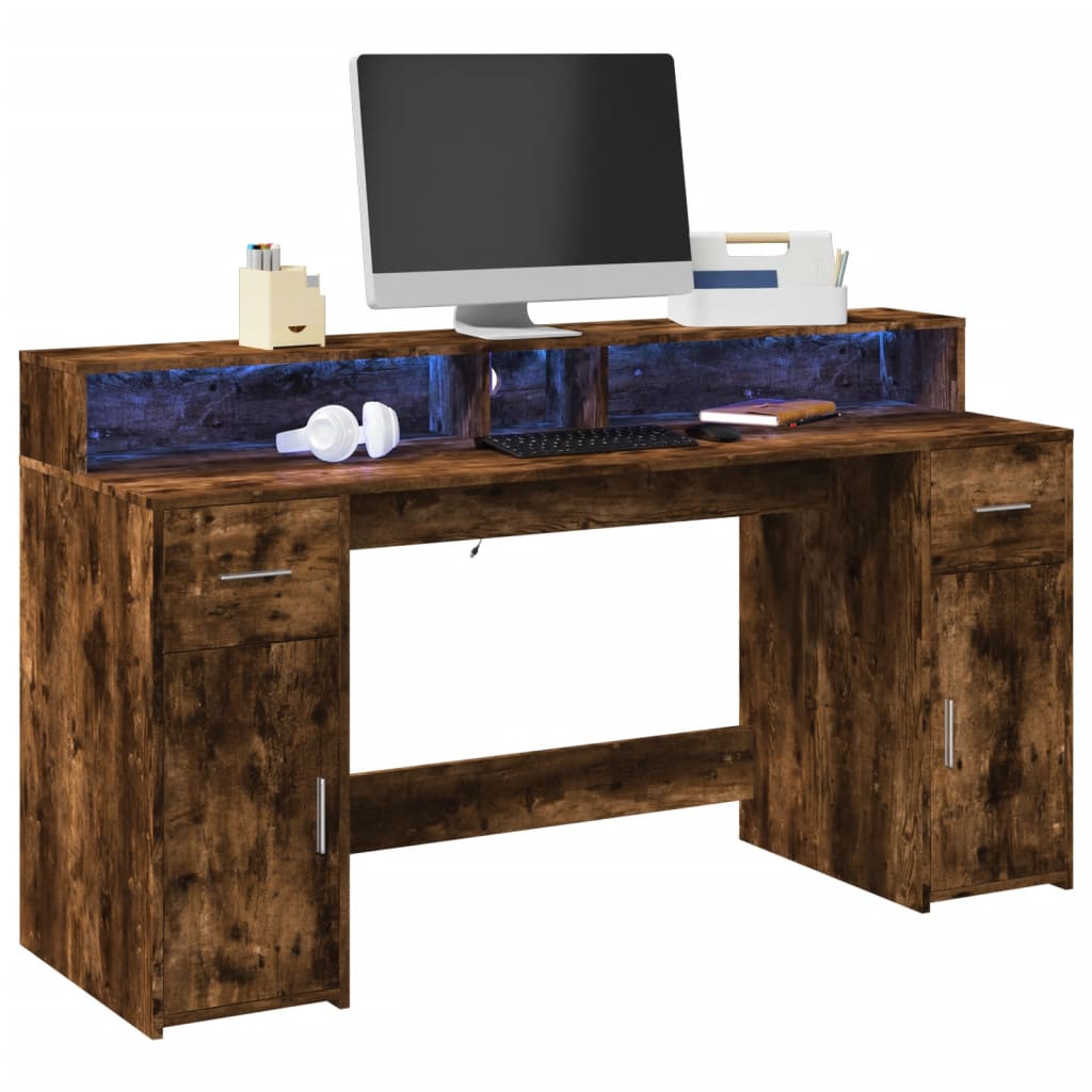 Scrivania con Luci LED Rovere Fumo 160x55x91 cm in Multistrato - homemem39