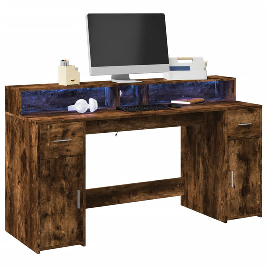 Scrivania con Luci LED Rovere Fumo 160x55x91 cm in Multistrato - homemem39